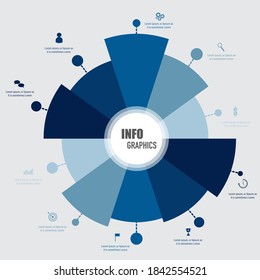 Modern blue infographics design in 10 of pie chart with business icons and text box, presentation and web template