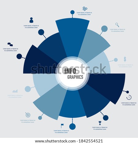 Modern blue infographics design in 10 of pie chart with business icons and text box, presentation and web template