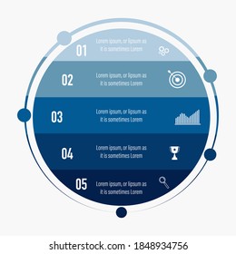Modern blue infographics design with 5 options in circle shape with business icons and text box, presentation and web template