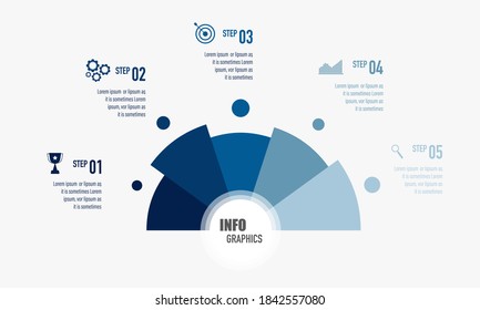 Modern blue infographics design in half circle with 5 options, business icons and text box, presentation and web template