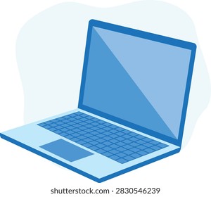 Modern blue laptop computer open on surface angled perspective view