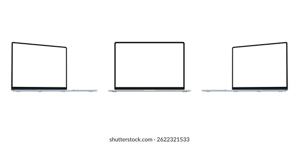 Modern Blue Laptops Mockups With Blank Screens, Front And Side Perspective View, Isolated On White Background. Vector Illustration