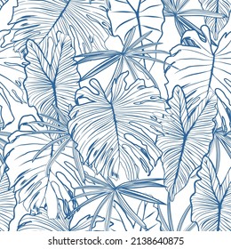 Modern Blue Line Tropical Jungle leaves seamless pattern. Monstera , palm leaves and exotic forest ,Design for fashion , fabric, textile, wallpaper, cover, wrapping and all prints on white