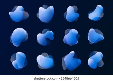 Bolhas Orgânicas De Líquido Azul Moderno. Water Blots com cores vibrantes, perfeitas para as mídias sociais. Figuras abstratas e simples. Formas dinâmicas irregulares. Manchas assimétricas modernas