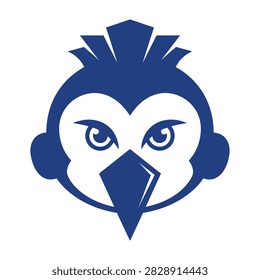 A modern blue logo design featuring the head of a stylized bird. The graphic shows sharp eyes, a pointed beak, and a spiky crest. Suitable for branding.
