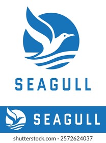 A modern blue logo featuring a seagull flying above stylized ocean waves within a circular design