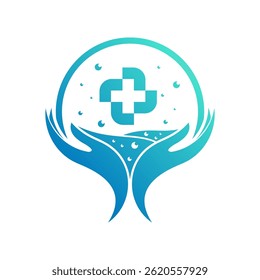 Modern Blue Medical Care Logo with Hands and Cross Symbol