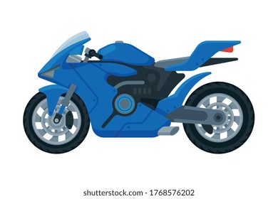 Modern Blue Motorcycle, Motor Vehicle Transport, Side View Flat Vector Illustration