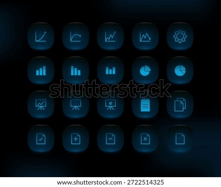 Modern blue neon-style vector icon set for analytics, charts, reports, and business dashboards. Glowing rounded buttons on dark background, perfect for UI, apps, SaaS, fintech, and presentations.