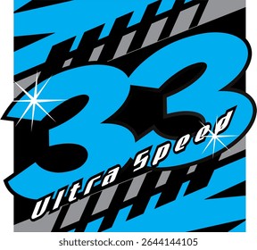 Modern blue number 33 vector, ultra speed text, 3D design.