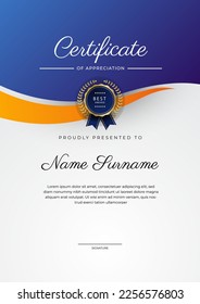 Modern blue and orange certificate of achievement award template with badge and border for business and corporate