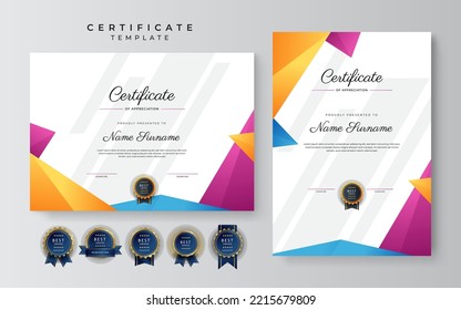 Modern blue orange pink black colorful certificate of achievement template with gold badge and border