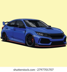 Modern blue performance hatchback with aerodynamic body kit, sporty wheels, and aggressive styling designed for automotive enthusiasts.
