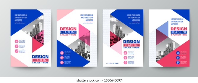 Modern Blue And Pink Design Template For Poster Flyer Brochure Cover. Graphic Design Layout With Triangle Graphic Elements And Space For Photo Background