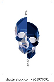 Modern blue polygonal flat hipster style illustration of human Skull, poster with text Piece of me. Calavera, halloween, dark spell t-shirt design.