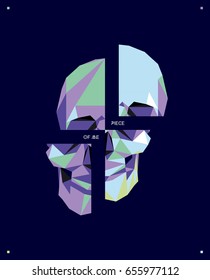 Modern blue polygonal flat hipster style illustration of human Skull, poster with text Piece of me. Halloween, dark spell t-shirt design.