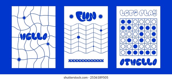 Cartazes azuis modernos com elementos de design divertidos e fonte borbulhante. Ilustração futurista retro monocromática com grades e divertida forma geométrica.