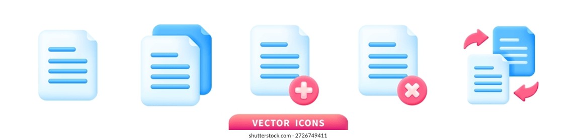 Moderne blaue Pseudo-3D-Dokument- und Dateisymbole mit Kopier-, Zusatz-, Lösch- und Synchronisierungsaktionen. Minimaler UI-Symbolsatz für mobile Apps, Websites und Print, einzeln auf weißem Hintergrund.