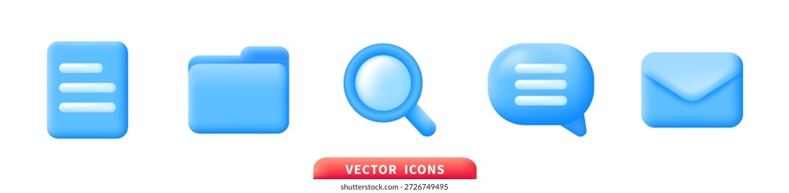 Moderne blaue Pseudo-3D-Icon-Sammlung mit Datei, Ordner, Suche, Nachricht und Umschlag. Minimale UI-Icons für mobile Apps, Websites und Print. Saubere, originale, flache Vektorgrafik.