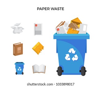 Modern Blue Recycle Paper Waste Garbage Bin And Trash Object Illustration Set, Suitable For Illustration, Book Graphics, Icons, Game Asset, And Other Recycle Related Activities.