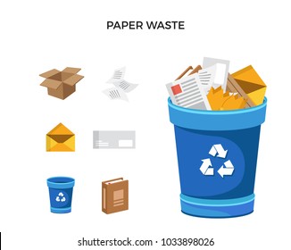 Modern Blue Recycle Paper Waste Garbage Bin And Trash Object Illustration Set, Suitable For Illustration, Book Graphics, Icons, Game Asset, And Other Recycle Related Activities.