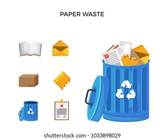 Modern Blue Recycle Paper Waste Garbage Bin And Trash Object Illustration Set, Suitable For Illustration, Book Graphics, Icons, Game Asset, And Other Recycle Related Activities.
