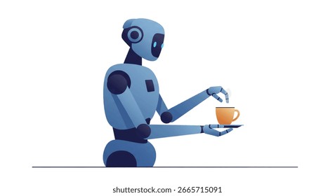 Um robô azul moderno com um design elegante está segurando cuidadosamente uma pequena xícara de café laranja em uma bandeja.