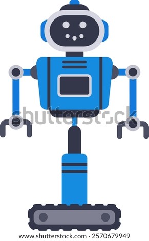 Modern blue robot standing on caterpillar wheels, featuring claws and embodying a futuristic artificial intelligence concept against a clean white background
