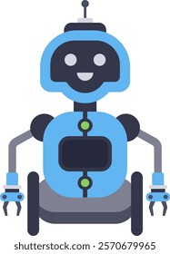 Modern blue robot with wheels, grippers and antenna is smiling happily, representing artificial intelligence, automation, and technological advancement