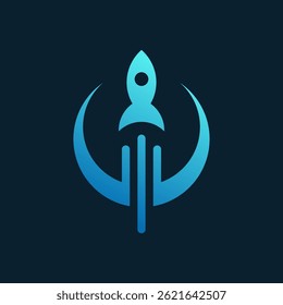 Modern Blue Rocket Launch Logo with Crescent Moon Orbit
