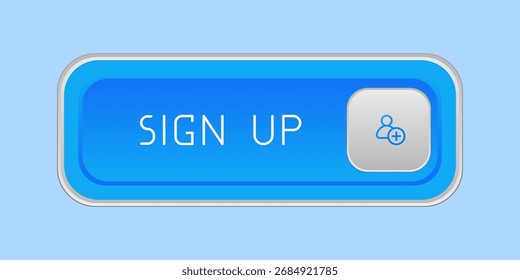 Moderno azul arredondado CTA botão com brilho, "Inscreva-se" texto, ícone do usuário, efeito 3D, Web UI elemento para landing pages, aplicativos móveis ou banners.