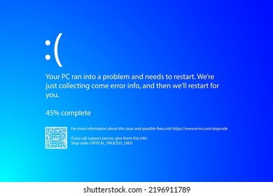 Modern blue screen of death (BSOD) error. Installation new software and hardware problem, virus, emulation, virtual machine, video, register. System Crash Report Background. Vector Illustration