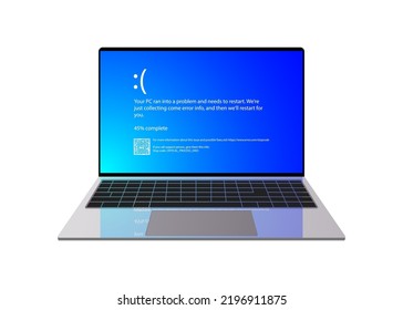 Error de pantalla azul moderna de muerte (BSOD) en laptop Instalación nuevo problema de software y hardware, virus, emulación, máquina virtual, video, registro. Fondo del informe de fallos del sistema. Ilustración