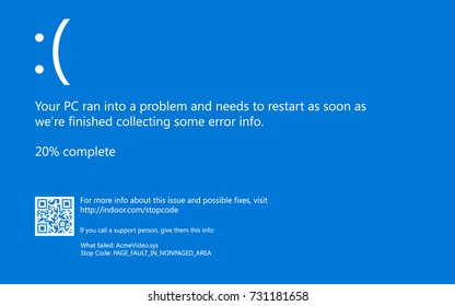 Modern blue screen of death (BSOD) error. Installation new software and hardware problem, virus, emulation, virtual machine, video, register. System Crash Report Background. Vector Illustration