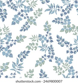 Modern blue seamless pattern with leaves. Raster illustration. branches with leaves on white background. seamless pattern.