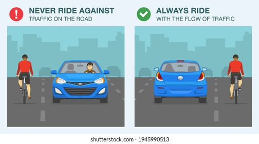 Modern blue sedan car and cyclist on a city road. Do not ride against traffic and always ride with the flow of traffic warning. Flat vector illustration template.