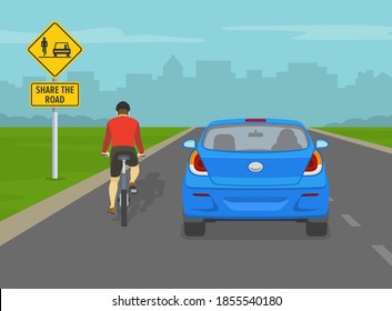 Modern blue sedan car overtaking a cyclist on the city road. Share the road warning traffic sign. Flat vector illustration template.