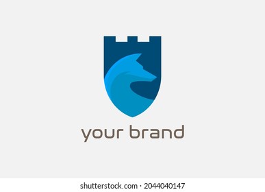 Modern Blue Shield Castle with Wolf Head Logo Design Vector