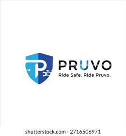 Logotipo moderno de escudo azul con un monograma en negrita P con líneas dinámicas de carretera y velocidad, junto con la palabra “PRUVO” y el lema “Ride Safe”. Paseo Pruvo.” en una fuente sans serif limpia. El diseño transmite 