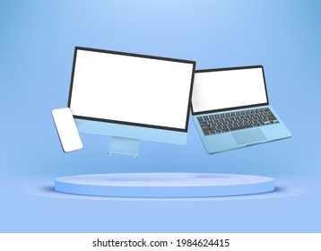 Modern Blue Smartphone, Laptop And Desktop Computer With Blank Screens. Levitation Effect