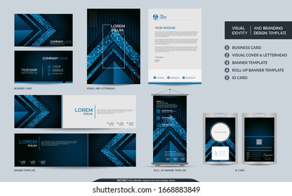 Modern blue stationery mock up and visual brand identity set. Vector illustration mock up for branding, background, cover, card, product, event, banner, website. 