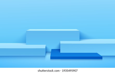 Modern blue step cube pedestal podium in light blue empty room background. Abstract vector rendering 3d shape for cosmetic products display presentation. Pastel minimal scene studio room.