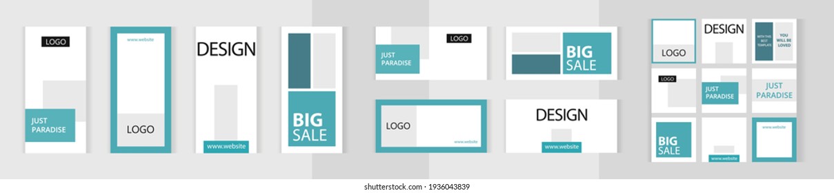 Modern blue style. Big set of editable vertical, horizontal and square style photo collage banners. Minimalism instagram templates for social media posting and online advertising.