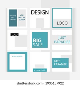 Modern blue style. Set of editable square photo collage banners. Minimalism instagram templates for social media posting and online advertising. Trend vector illustration.