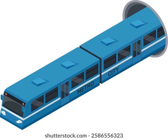 Modern blue subway train exiting tunnel isometric icon represents urban transportation and commuting in metropolitan areas, connecting city districts efficiently