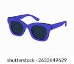 Modern blue sunglasses side view. Summertime accessory. Hand drawn vector illustration isolated on white background in flat cartoon style.