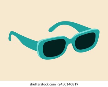 Modern blue sunglasses, side view. Summertime accessory. Hand drawn vector illustration isolated on light background in flat cartoon style.