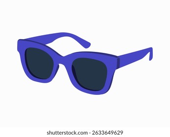 Modern blue sunglasses side view. Summertime accessory. Hand drawn vector illustration isolated on white background in flat cartoon style.
