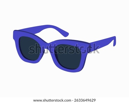 Modern blue sunglasses side view. Summertime accessory. Hand drawn vector illustration isolated on white background in flat cartoon style.