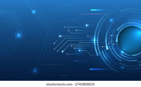 Modern blue tech background with glowing circuit paths and circular digital interface, illustrating fast data transfer, connectivity, innovation, and advanced high-tech systems.